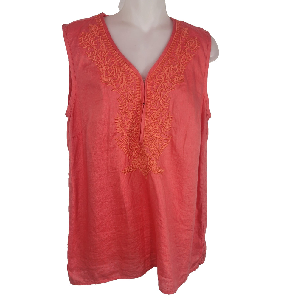 Elie Tahari Womens Linen Top Embroidered Coral Sleeveless V Neck Medium Beach